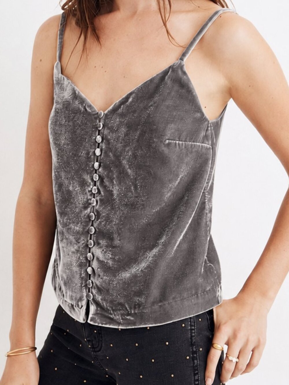 MADEWELL Velvet Button-Down Cami Tank Top Brown Grey Sz 6 Buttons Evening Boho